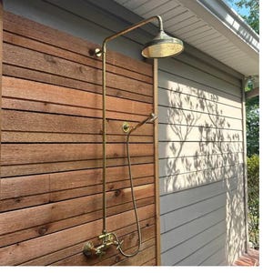 Antique Brass Outdoor Shower System: Exposed Pipe, Rain Shower Head