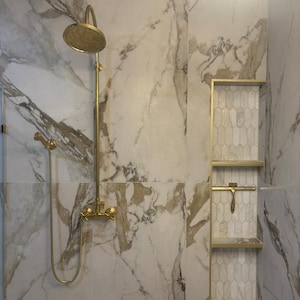 Unlacquered Brass Shower System With Hand Held & Shower Head  | Bathroom Vanity Brass Exposed Pipe Shower Set