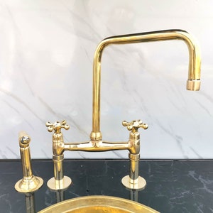 Unlacquered Solid Brass Bridge Kitchen Faucet with Cross Handles