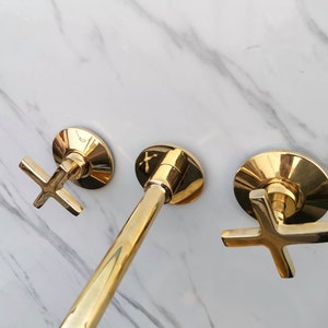 Unlacquered Brass Wall Mounted Faucet For Bathroom With Flat Traditional Cross Handles