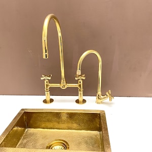 Handmade Unlacquered Brass Kitchen Bridge Faucet: Moroccan Antique Style