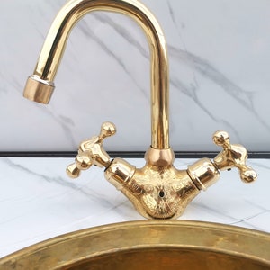 Handcrafted Unlacquered Brass Bathroom Faucet: Gooseneck Vanity Sink Faucet
