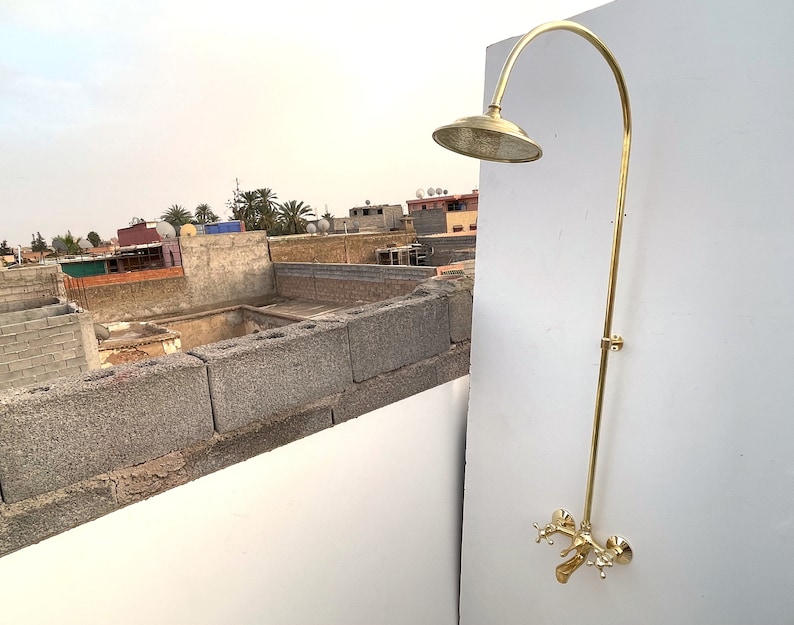 Unlacquered Brass Outdoor Shower Head Tub Filler Exposed Shower System Bathtub Shower Brass