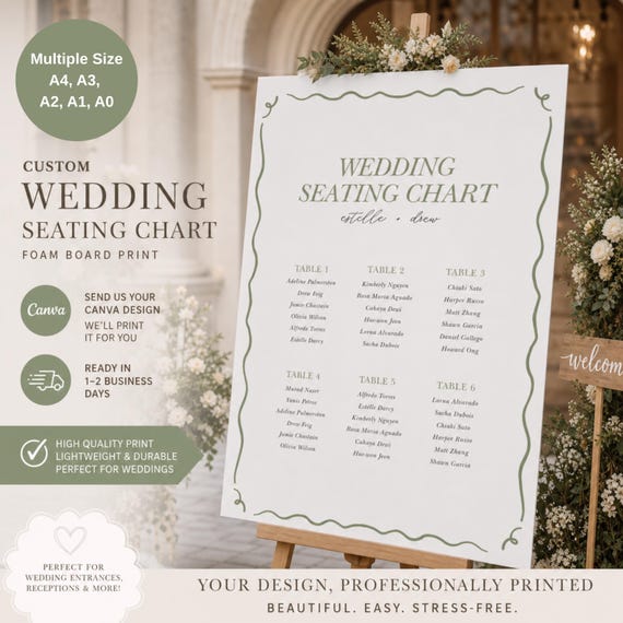 Custom Wedding Seating Chart Foam Board Print, Personalized Reception Decor Sign, Table Plan Poster