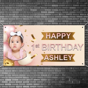 Personalised Happy Birthday Banner Printing Printed Customised Celebration Photo Design & Print GOLD PINK BIRTHDAY Pvc Outdoor Indoor