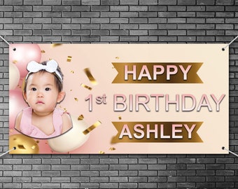 Personalized Photo Birthday Banner: Gold & Pink Celebration Design