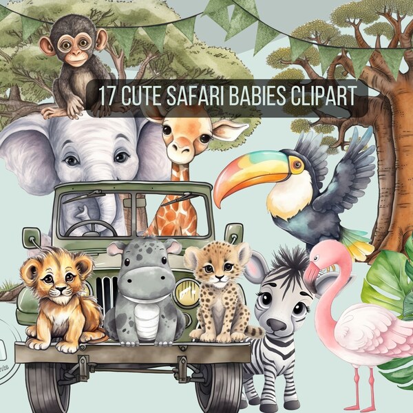 Cute Safari animals Clipart baby safari Watercolor clipart Png printable Nursery Decor Baby Shower Digital Download lion giraffe elephant