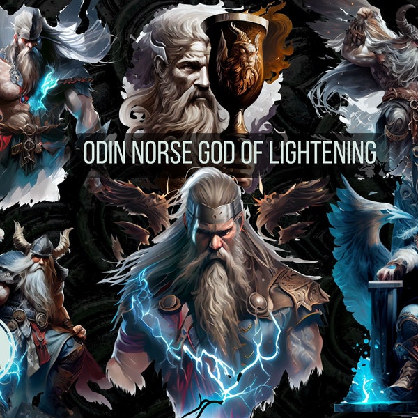 Norse Legend Odin God of Lightening Hand-Painted Watercolor Clipart Bundle, legend Fantasy orse mythology png Graphic design elements