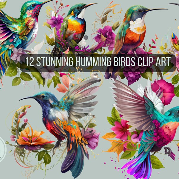 Stunning Humming bird in flowers floral bird Clip art Hand Drawn Digital Design clipart bundle Instant Download Colorful birds Clip art