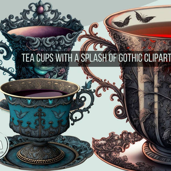 gothic tea cup clipart png tea lover clip art Bundle vintage tea cups png cups & saucers creepy dark fantasy Grimoire Junk Journal Halloween