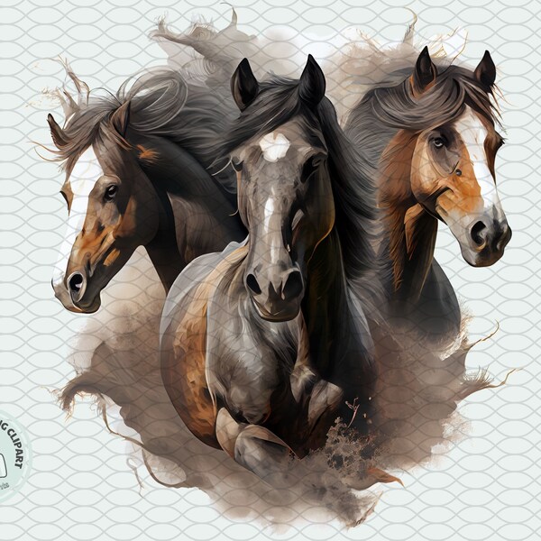 3 horses Png, Sublimation Design, Western, sublimation horse transfer, Digital Downloads watercolour hand drawn. mustang paint pony, horse