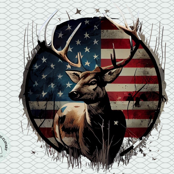 Deer hunting sublimation, American Flag, patriotic design, deer hunting png, transparent, commercial use, clip art, DTF, DTG, buck, doe,