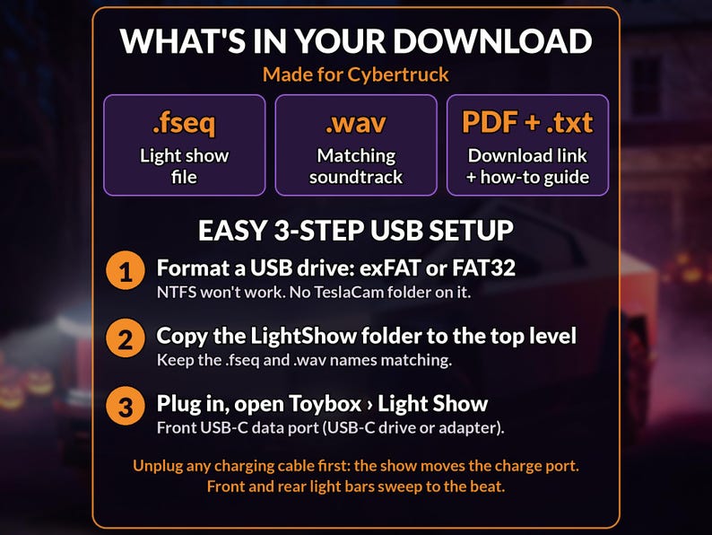 Pode incluir: Um gr&aacute;fico informativo digital para download de um show de luzes para Cybertruck. Lista tipos de arquivos como .fseq, .wav e PDF/txt, e fornece um guia de configura&ccedil;&atilde;o USB de tr&ecirc;s etapas para formata&ccedil;&atilde;o e c&oacute;pia da pasta LightShow.