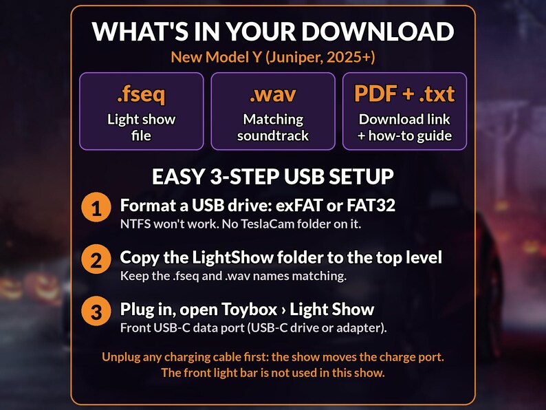 May include: A digital infographic titled WHAT'S IN YOUR DOWNLOAD for the New Model Y (Juniper, 2025+). It lists file types .fseq, .wav, and PDF + .txt, followed by an EASY 3-STEP USB SETUP guide for formatting, copying folders, and plugging in.