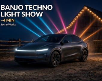 May include: A dark gray electric vehicle parked at night in front of a barn with string lights. Text reads BANJO TECHNO LIGHT SHOW, ~4 MIN, and SecristWorks. Bright blue, pink, and orange light beams project upward from behind the car.