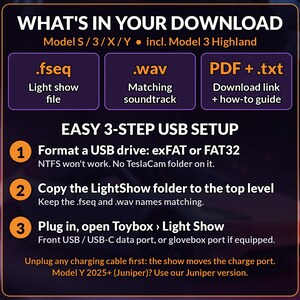 K&ouml;nnte beinhalten: Eine digitale Infografik mit dunklem Hintergrund, die einen Tesla-Lichtshow-Download beschreibt. Sie listet Dateiformate wie .fseq, .wav und PDF auf und bietet eine dreistufige USB-Einrichtungsanleitung f&uuml;r die Modelle S, 3, X und Y, einschlie&szlig;lich Anweisungen zur Formatierung und Ordnerstruktur.