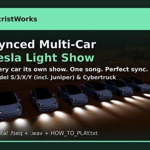 May include: A digital graphic for a Synced Multi-Car Tesla Light Show by SecristWorks. It features six grey Tesla vehicles with illuminated headlights, text listing Model S/3/X/Y and Cybertruck compatibility, and file formats .fseq, .wav, and .txt.