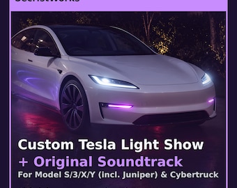 May include: A white Tesla electric vehicle with illuminated headlights and purple underglow lighting. The text reads: SecristWorks, Custom Tesla Light Show + Original Soundtrack, For Model S/3/X/Y (incl. Juniper) & Cybertruck, Digital .fseq + .wav + HOW_TO_PLAY.txt.