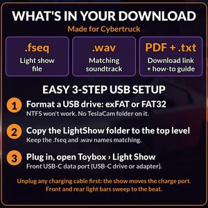 K&ouml;nnte beinhalten: Eine digitale Infografik f&uuml;r einen Cybertruck-Lichtshow-Download. Sie listet Dateitypen wie .fseq, .wav und PDF/txt auf und bietet eine dreistufige USB-Einrichtungsanleitung zum Formatieren und Kopieren des LightShow-Ordners f&uuml;r das Fahrzeug.