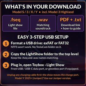 May include: A digital information graphic with a dark background detailing a Tesla light show download. It lists file formats including .fseq, .wav, and PDF, and provides a three-step USB setup guide for Model S, 3, X, and Y vehicles, including instructions for formatting and folder placement.