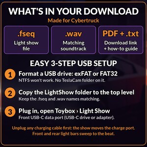 May include: A digital informational graphic for a Cybertruck light show download. It lists file types including .fseq, .wav, and PDF/txt, and provides a three-step USB setup guide for formatting, copying the LightShow folder, and plugging into the vehicle.