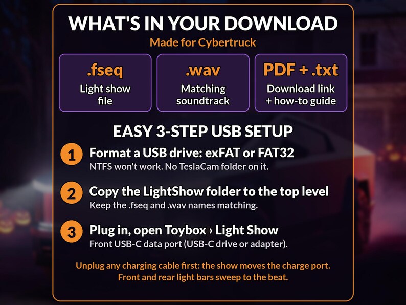 May include: A digital informational graphic for a Cybertruck light show download. It lists file types including .fseq, .wav, and PDF/txt, and provides a three-step USB setup guide for formatting, copying the LightShow folder, and plugging into the vehicle.