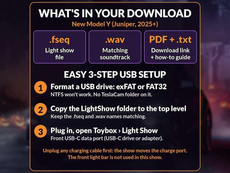 May include: A digital infographic titled WHAT'S IN YOUR DOWNLOAD for the New Model Y (Juniper, 2025+). It lists file types .fseq, .wav, and PDF + .txt, followed by an EASY 3-STEP USB SETUP guide for formatting, copying folders, and plugging in.