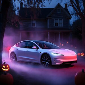 May include: A white sedan parked in front of a dark house at night, surrounded by glowing orange jack-o'-lanterns and thick purple fog. The vehicle features a sleek aerodynamic body, dark-tinted windows, and multi-spoke alloy wheels.