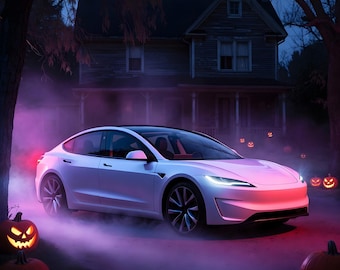 May include: A white sedan parked in front of a dark house at night, surrounded by glowing orange jack-o'-lanterns and thick purple fog. The vehicle features a sleek aerodynamic body, dark-tinted windows, and multi-spoke alloy wheels.