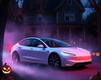 May include: A white sedan parked in front of a dark house at night, surrounded by glowing orange jack-o'-lanterns and thick purple fog. The vehicle features a sleek aerodynamic body, dark-tinted windows, and multi-spoke alloy wheels.