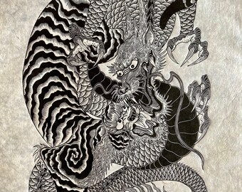 DRAGON VS TIGER linoprint on Himalayan Takshang paper