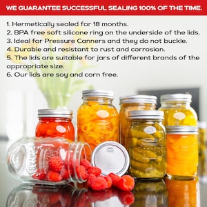 May include: Six glass jars with silver lids, filled with various preserved foods, including pickles, peppers, and fruit. The jars are arranged on a dark surface with red raspberries scattered around them. The text "WE GUARANTEE SUCCESSFUL SEALING 100% OF THE TIME." is visible at the top of the image.