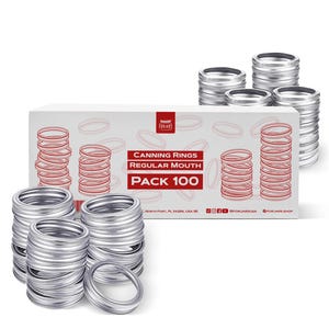 May include: A white box with red text that reads "FORIARS CANNING RINGS REGULAR MOUTH PACK 100". The box is filled with 100 silver canning rings.