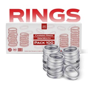 May include: A box of 100 silver canning rings for gem mouth jars. The box is white with red text that reads "Canning Rings Gem Mouth Pack 100".