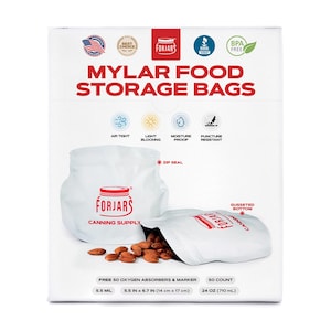 May include: White Mylar food storage bags with the text "FORJARS" and "MYLAR FOOD STORAGE BAGS". The bags are air tight, light blocking, moisture proof, and puncture resistant. The package includes 50 bags, each measuring 5.5 in x 6.7 in.