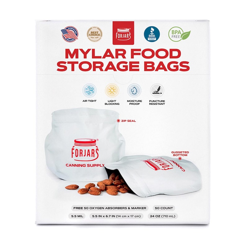 May include: White Mylar food storage bags with the text "FORJARS" and "MYLAR FOOD STORAGE BAGS". The bags are air tight, light blocking, moisture proof, and puncture resistant. The package includes 50 bags, each measuring 5.5 in x 6.7 in.