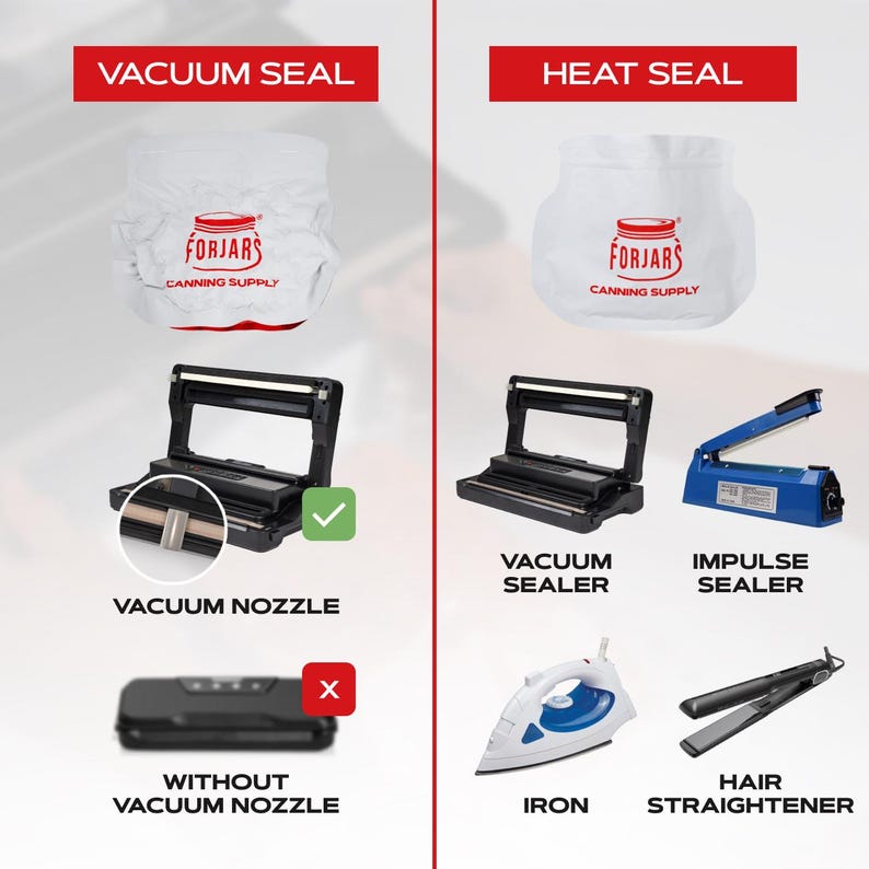 May include: An informational graphic comparing vacuum and heat sealing methods. The image shows a vacuum sealer with a nozzle and a heat sealer. The text includes "Vacuum Seal", "Heat Seal", and "Forjars Canning Supply". Other items include an iron and hair straightener.