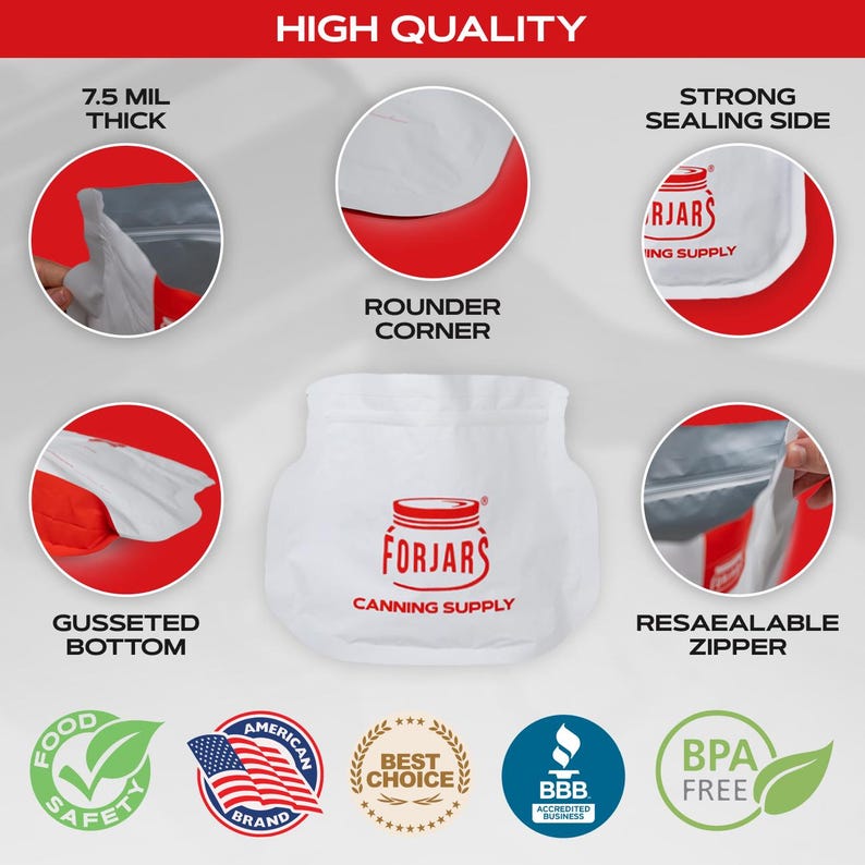 May include: White canning supply bag with the text "FORJARS CANNING SUPPLY" in red. Features include a resealable zipper, gusseted bottom, and rounder corners. The bag is 7.5 mil thick and has a strong sealing side. Includes "Food Safety" and "BPA Free" logos.
