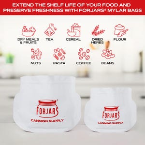 May include: White Forjars Mylar bags for food storage. The bags have a red logo and the words "CANNING SUPPLY" printed on them. The image also shows illustrations of various food items like dry meals, tea, cereal, dried herbs, flour, nuts, pasta, coffee, and beans.