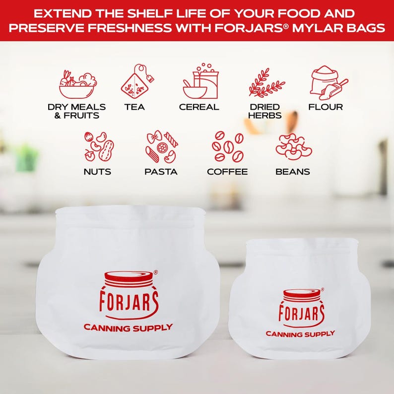 May include: White Forjars Mylar bags for food storage. The bags have a red logo and the words "CANNING SUPPLY" printed on them. The image also shows illustrations of various food items like dry meals, tea, cereal, dried herbs, flour, nuts, pasta, coffee, and beans.