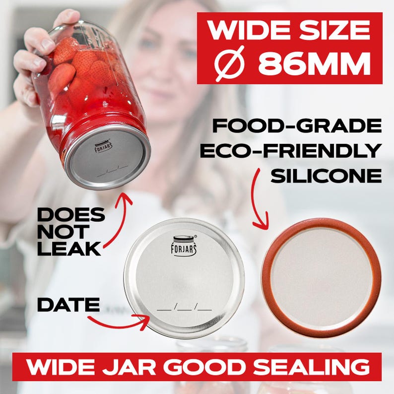 May include: A close-up of a wide-mouth jar with a red silicone lid. The lid is 86mm in diameter and is labeled "FORJARS". The lid is designed to seal tightly and prevent leaks. The jar is filled with red strawberries.