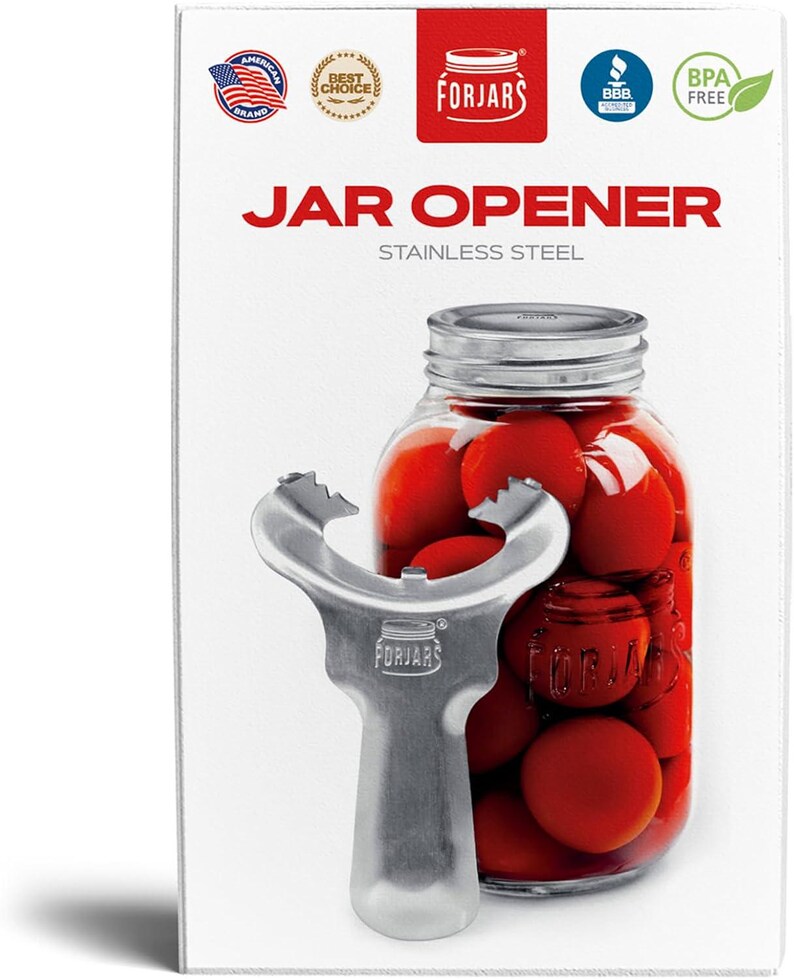 K&ouml;nnte beinhalten: Ein Edelstahl-Gl&auml;ser&ouml;ffner mit einem roten Glas, gef&uuml;llt mit Tomaten im Hintergrund. Der Gl&auml;ser&ouml;ffner ist mit "FORJARS" beschriftet.