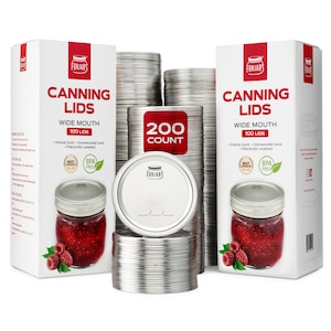 May include: A stack of 200 silver canning lids, with a box of canning lids on either side. The boxes are white with red text that reads "Canning Lids Wide Mouth 100 Lids". The boxes also have a red "Best Choice" and "BPA Free" label.
