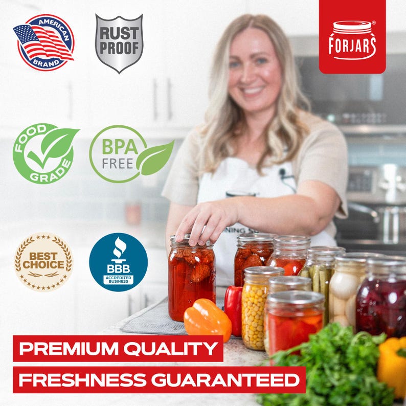 May include: A woman in a white apron is canning jars of food. The jars are filled with tomatoes, corn, beans, and other vegetables. The jars are labeled with the text "FORJARS". The image also includes several seals of approval, including "Food Grade", "BPA Free", "Best Choice", and "BBB Accredited Business".