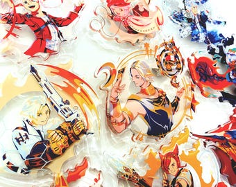 May include: A collection of colorful acrylic charms featuring anime-style characters. The charms showcase various characters in dynamic poses, with vibrant colors and detailed designs. The image includes a variety of character designs, with a focus on fantasy themes.