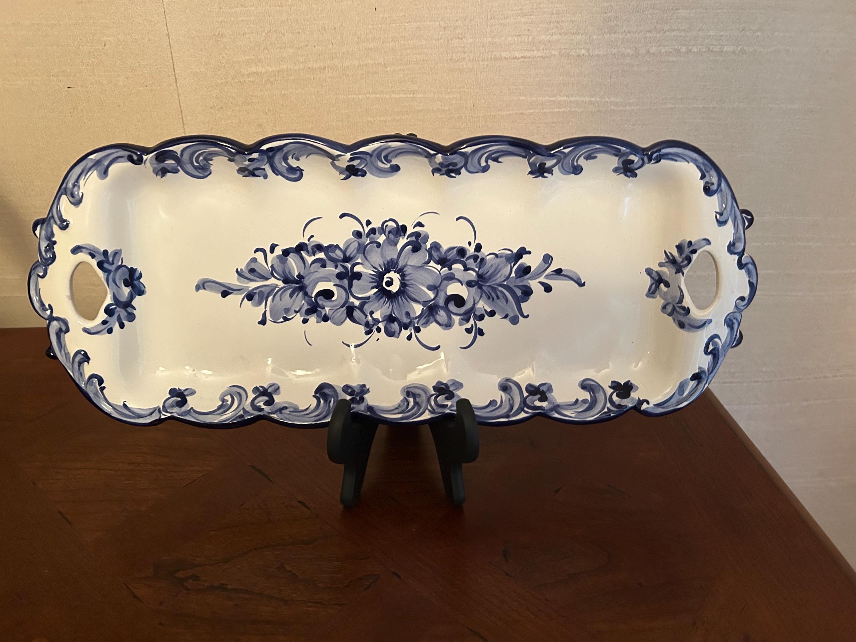 Bandeja de cerámica portuguesa pintada a mano, azul y blanca, diseño floral, Portugal, bandeja rectangular para servir, Vestal 1089