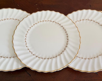Royal Doulton Adrian H4816 Zestaw 6 talerzy obiadowych/deserowych, talerze 8", porcelana kostna, Anglia, wzór z liści złota