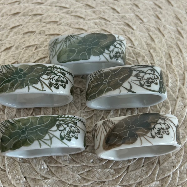 Green Floral Porcelain Napkin Rings, Set of 5, pretty table accents,  Table linens, Unique Gift