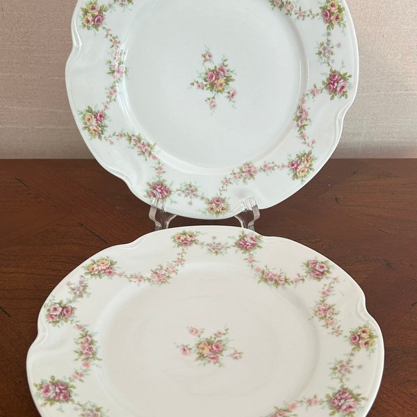 Theodore Haviland Limoges, 2 Lunch Plates, Pink and Yellow Roses, Scrolls or Garland soft green and light pink flowers, Made in France