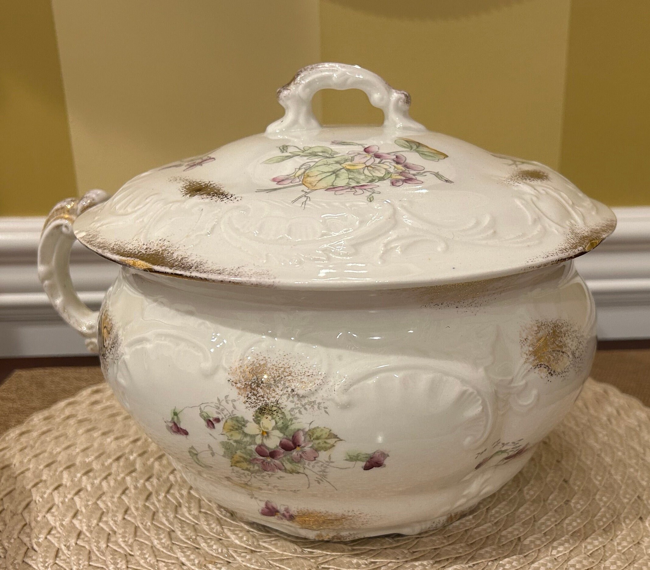 Antique English Chamber Pot W/ Lid Purple and Yellow Violets by Johnson